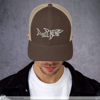 Trucker Hat, Brown and Khaki with White Embroidery (Unisex, Men, & Women)