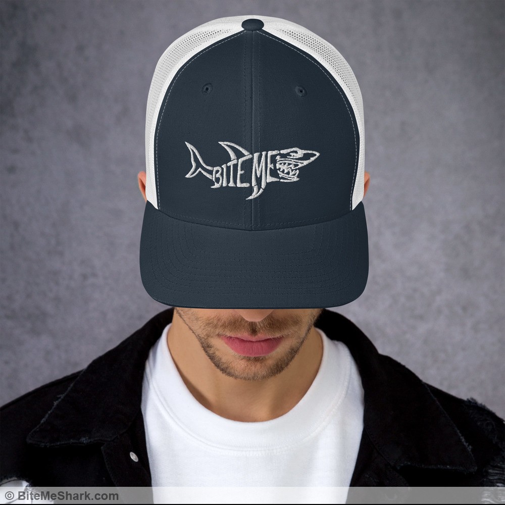 Trucker Hat, Navy and White with White Embroidery (Unisex, Men