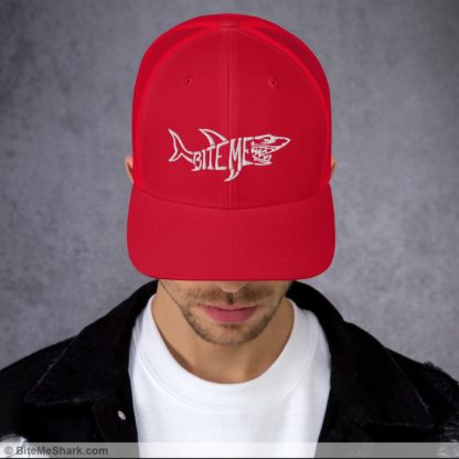 Trucker Hat, Red with White Embroidery (Unisex, Men, & Women)