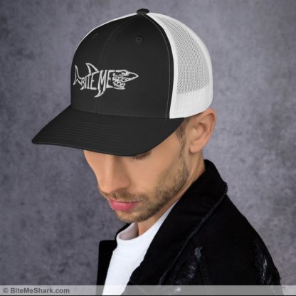 Trucker Hat, Black and White with White Embroidery (Unisex, Men, & Women)
