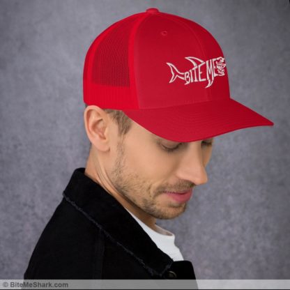 Trucker Hat, Red with White Embroidery (Unisex, Men, & Women)