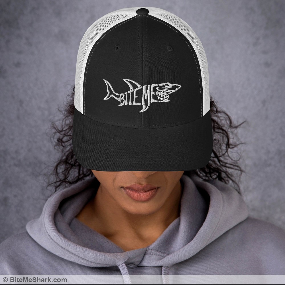 Unisex, Men, & Women Bite Me Shark Trucker Hat ... Black with White Embroidery 