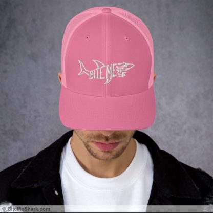 Trucker Hat, Pink with White Embroidery (Unisex, Men, & Women)
