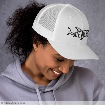 Trucker Hat, White with Black Embroidery (Unisex, Men, & Women)
