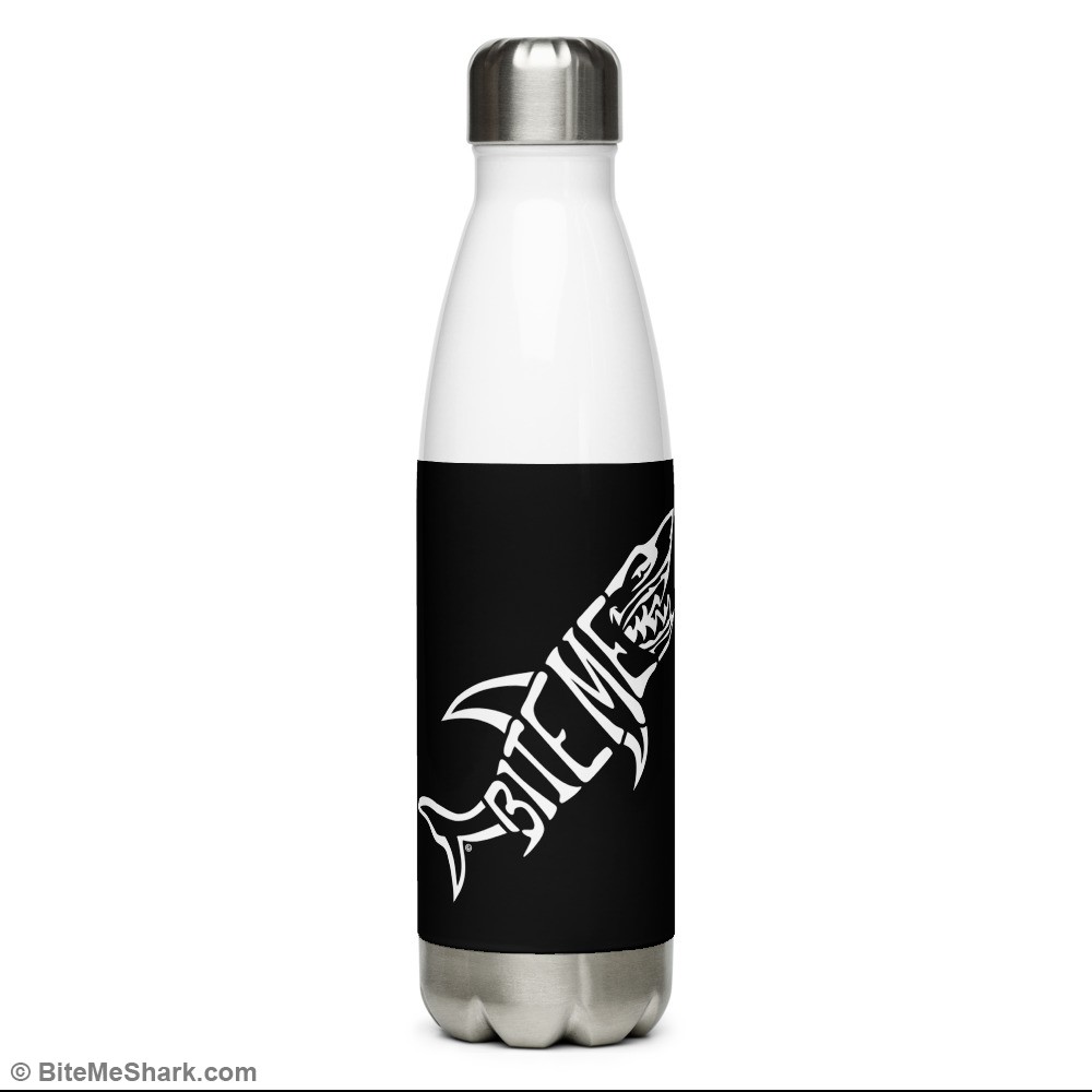 Stainless Steel Water Bottle, White Print on Black Background